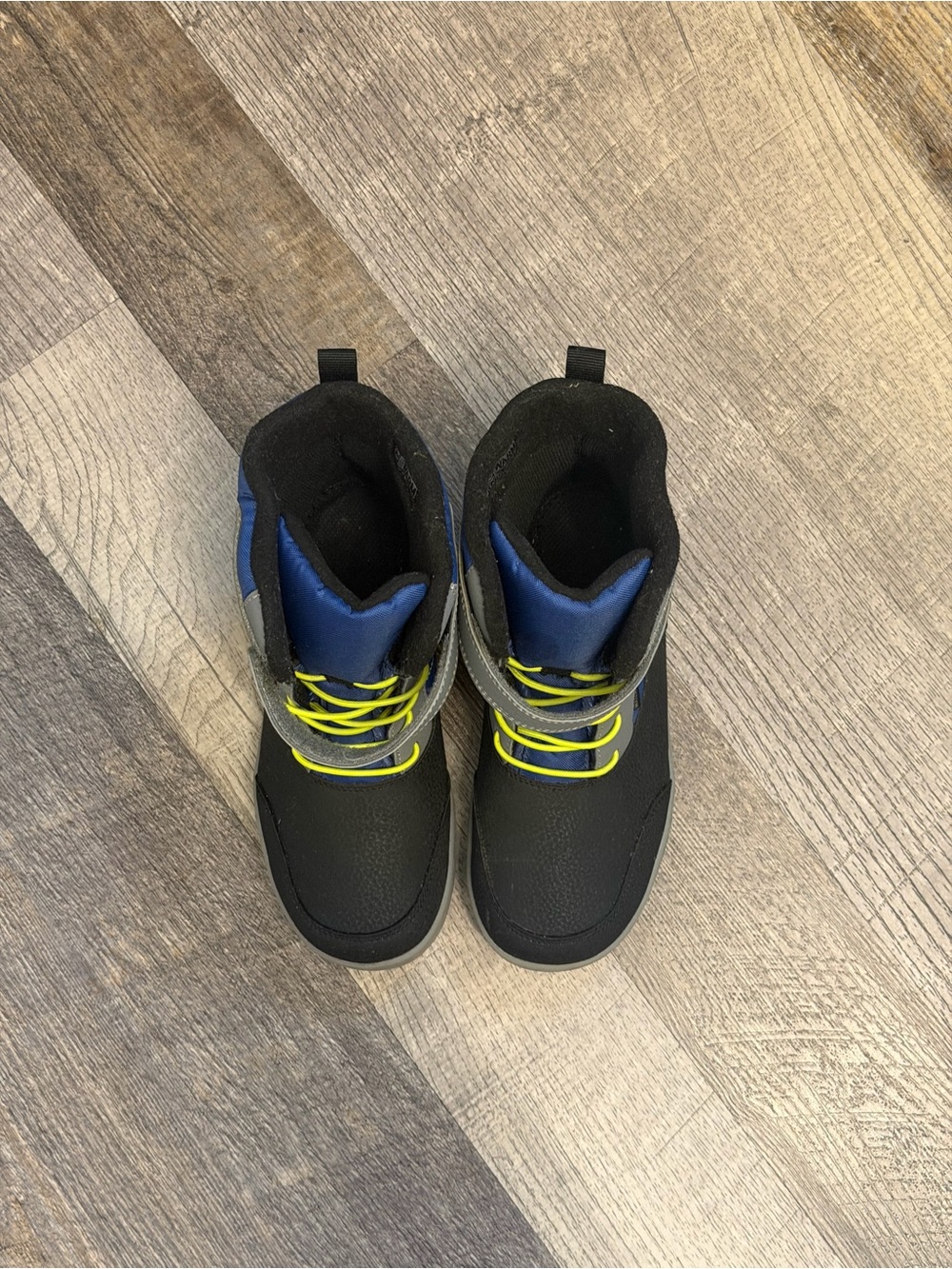 Kids Black and Blue High-Top Snow Boots with Neon Yellow Laces